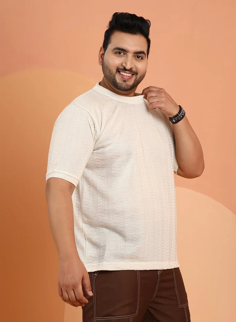 Instafab Plus Men's Off-White Dash-Ribbed Knit T-Shirt